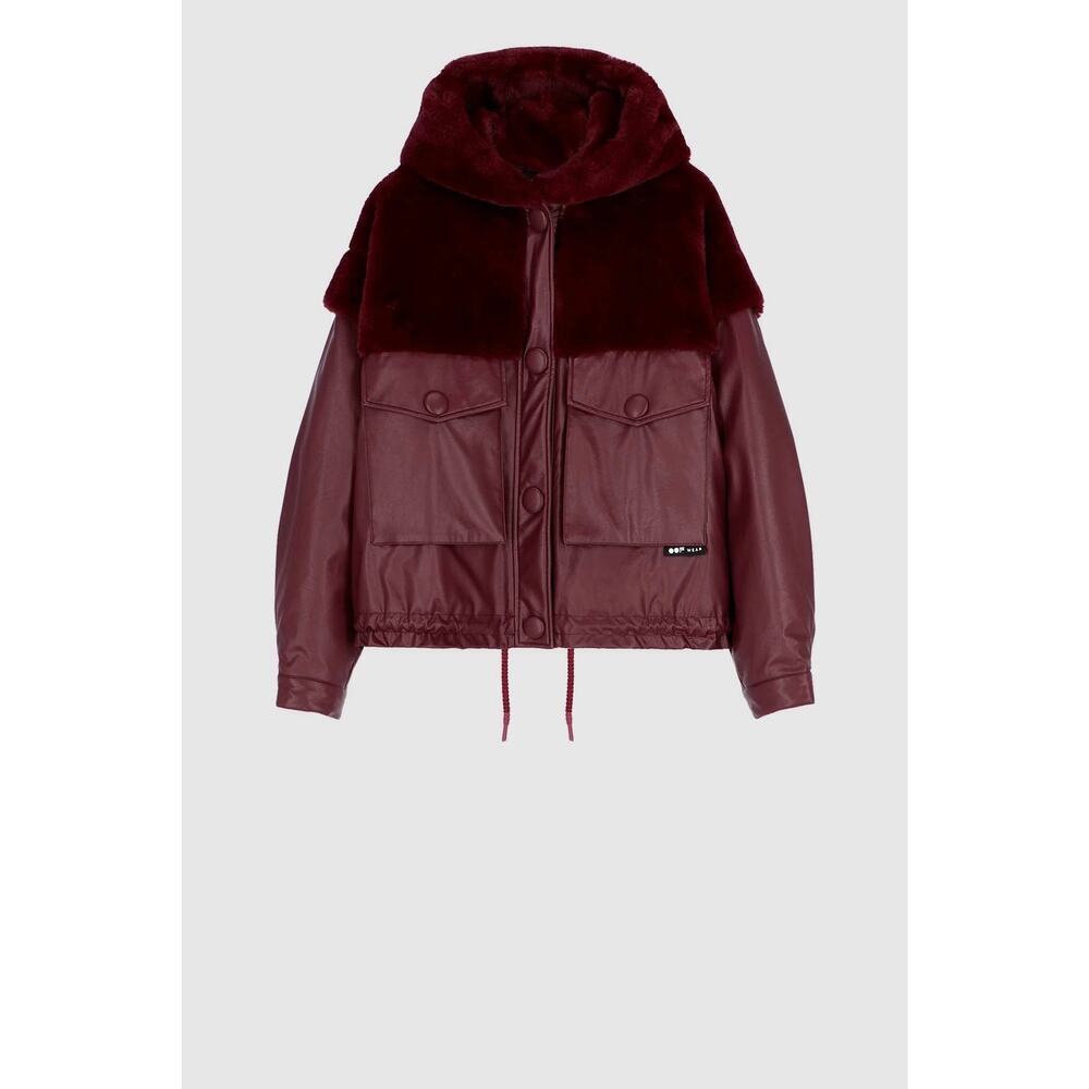 Oofwear Faux Fur Faux Leather Bordeaux Short Hooded Jacket Front Buttons size 44